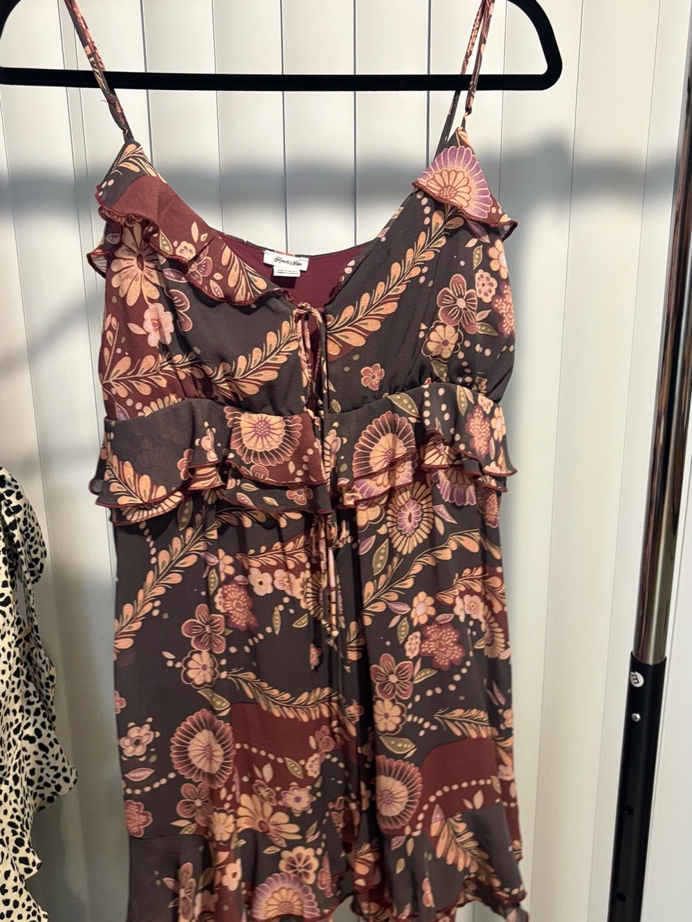 Kimchi Blue Brown Floral Ruffle Mini Dress with Pink Accents